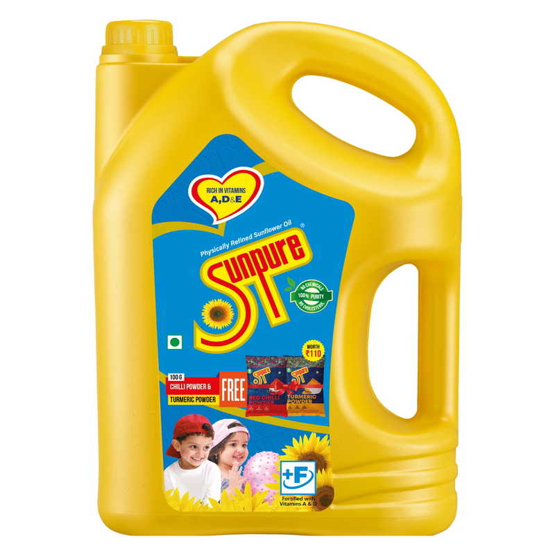 SUNPURE SUNFLOWER OIL - 5 L CAN (WITH FREE SUNPURE CHILLI POWDER & TURMERIC POWDER WORTH Rs. 110)